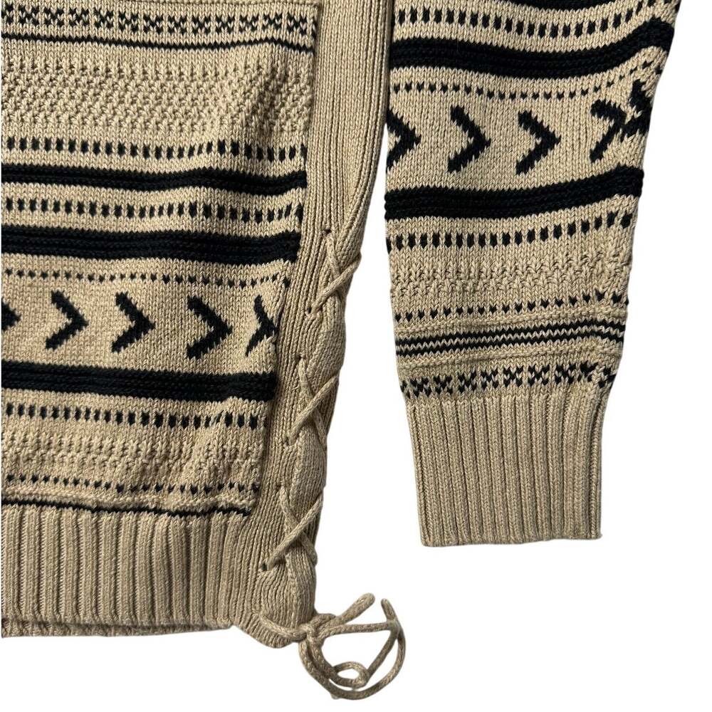 Lauren Ralph Lauren Aztec Jacquard Knit Sweater Linen Western Lace Up Tan Black - Picture 6 of 12